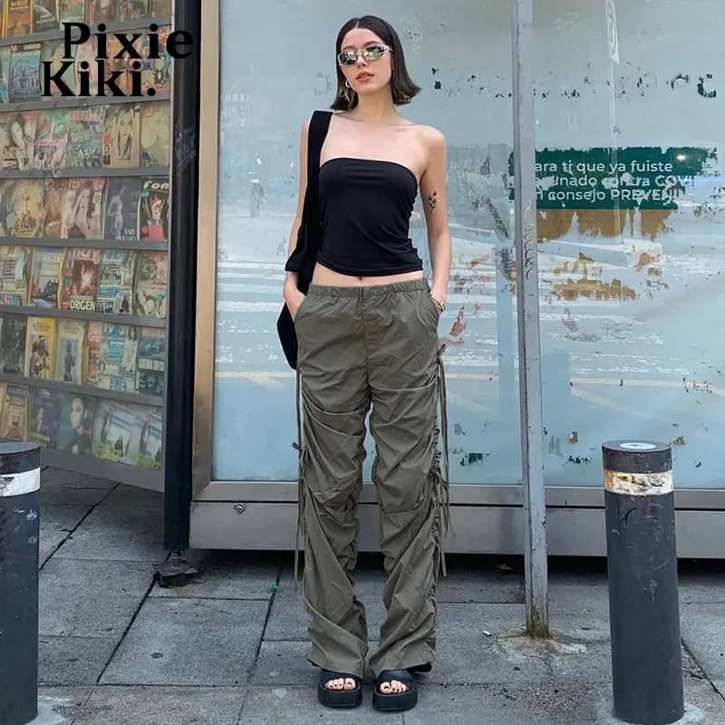 

PixieKiki Detachable Drawstring Ruched Stacked Cargo Pants Y2k Streetwear Casual Joggers Sweatpants for Womens Trousers P84-FZ35