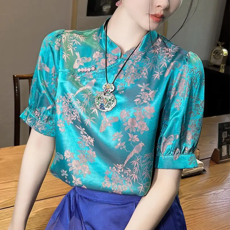 

Рубашка Женская атласная с коротким рукавом, шелковая блузка в китайском стиле с цветочным принтом, топ свободного покроя с круглым вырезом, винтажная одежда YCMYUNYAN, лето 2023