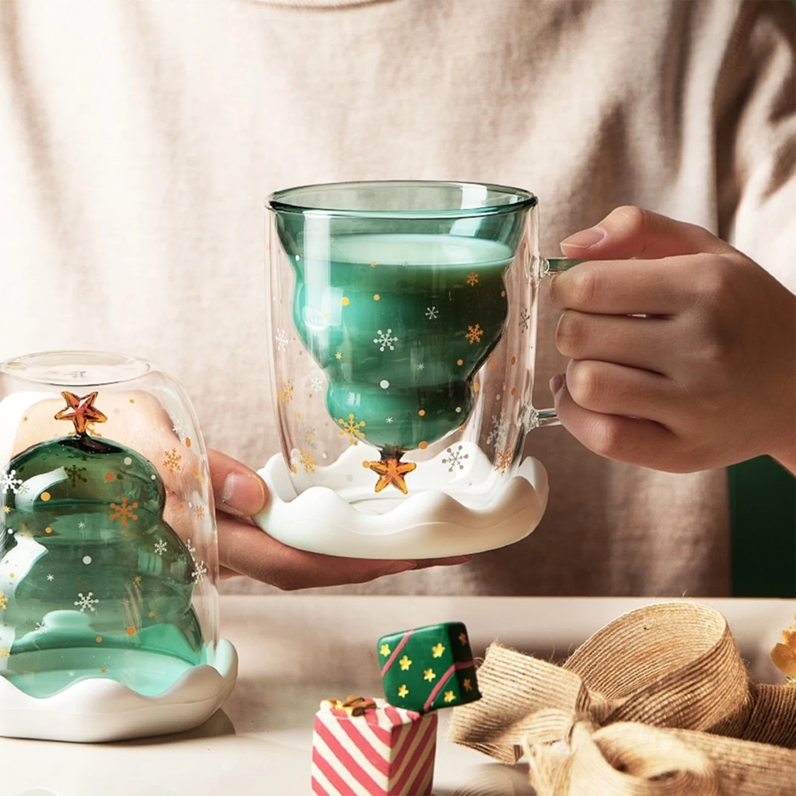

Children's Christmas Gift Christmas Cup Transparent Double Anti-Scalding Glass Christmas Tree Star Cup Coffee Mug Milk Juice Mug