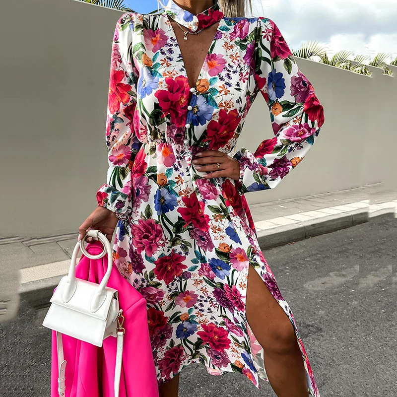 

Женское платье-макси с цветочным принтом, Длинное свободное офисное платье с глубоким V-образным вырезом, на пуговицах, с разрезом и длинным рукавом, весна-лето