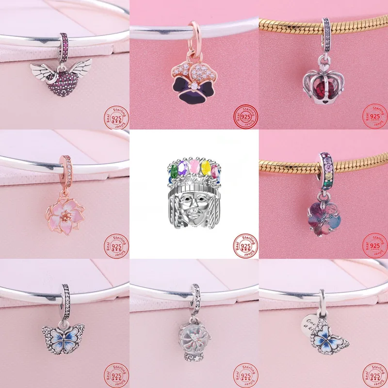 

New Angel Wings Pave Hearts Pink Purple Flowers Snowball Charm DIY Beads Fit Original Pandora Charms Bracelet 925 Silver Jewelry
