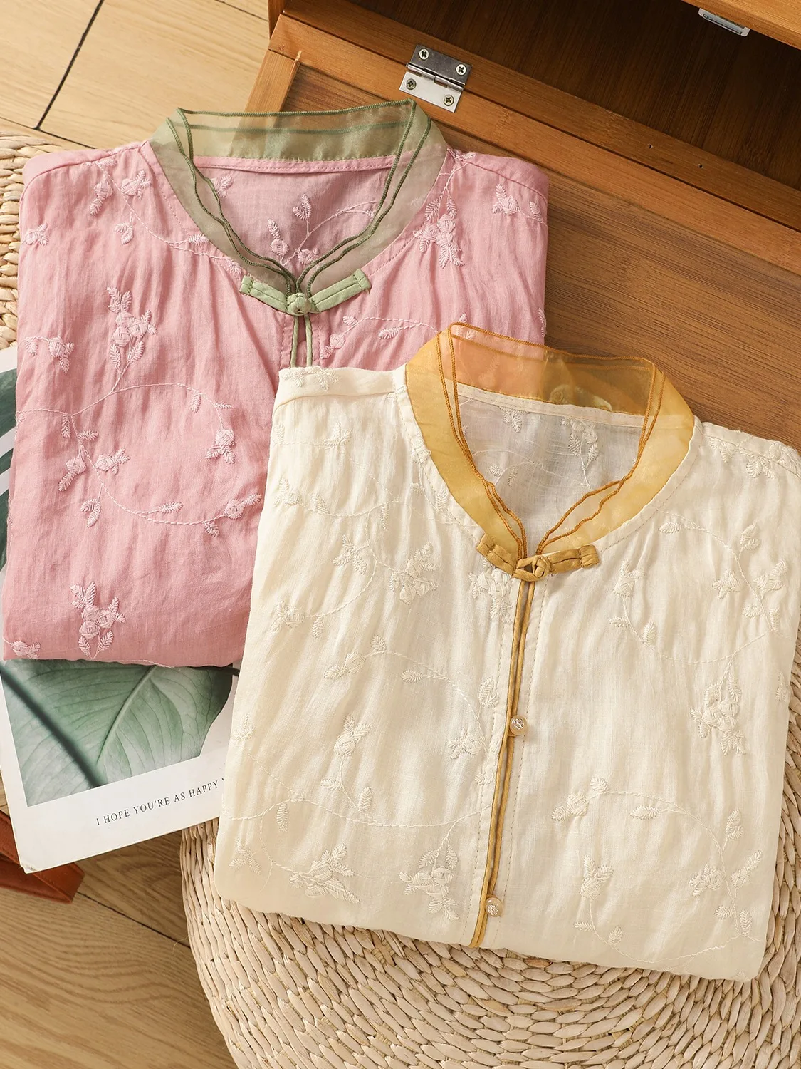 Рубашка женская с вышивкой из хлопка и льна Элегантная сорочка органзы рукавом