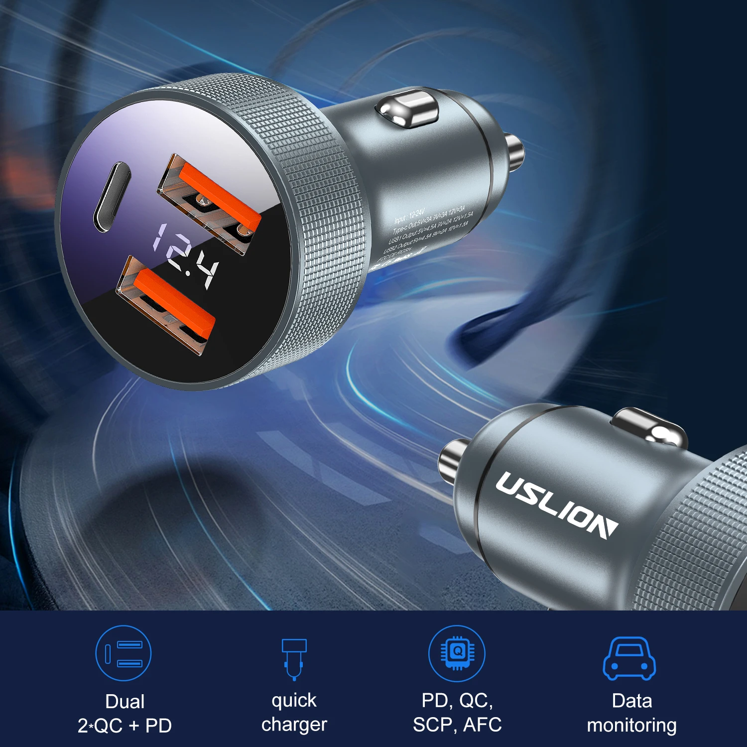 Автомобильное зарядное устройство USLION 80 Вт USB Type C PD QC 3 0 с двумя портами быстрое