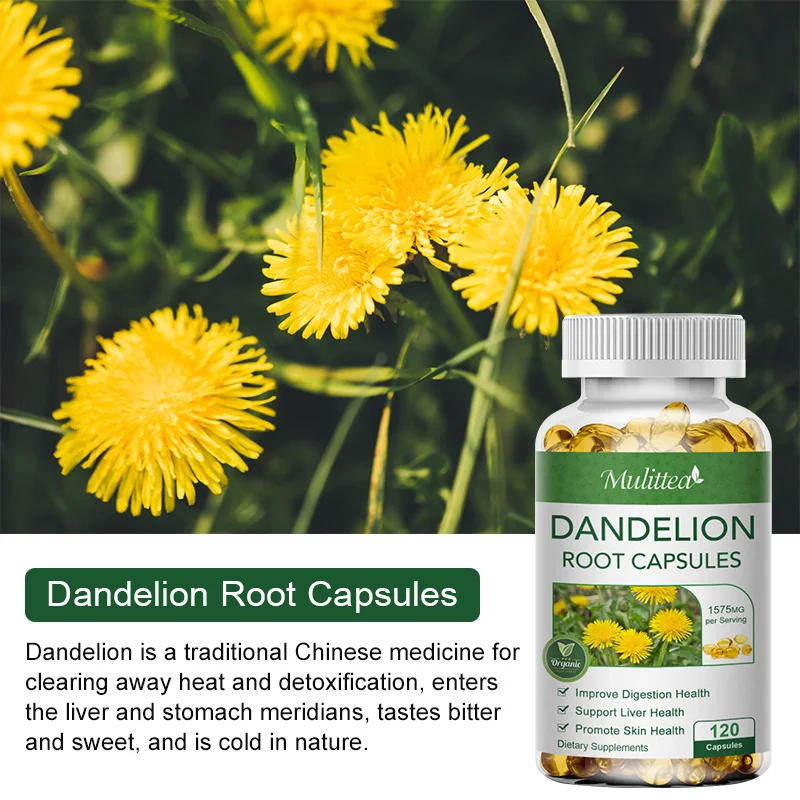 

Mulittea Natural Dandelion Root Extract Capsules for Liver Detoxification Protect Liver Kidney Support Immune Boost Health Diet