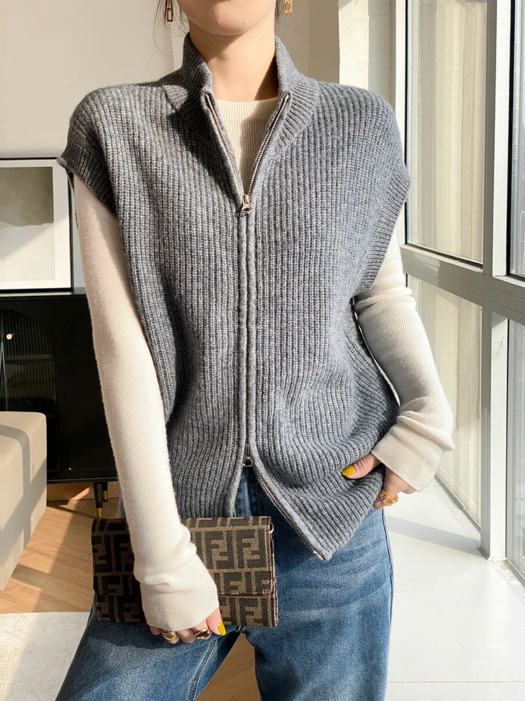 Осень-зима 2024 новая водолазка кардиган из чистой шерсти женский свободный жилет
