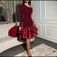 sevintage red saudi arabic satin mermaid evening dresses long sleeves one shoulder prom dress dubai women formal party gowns