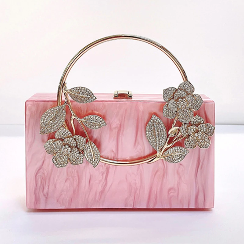 Hollow Out Pink/White Diamond Acrylic Square Clutches Crystal Flower Formal Phone Handbags Long Chain Lady Girls Wedding Purses