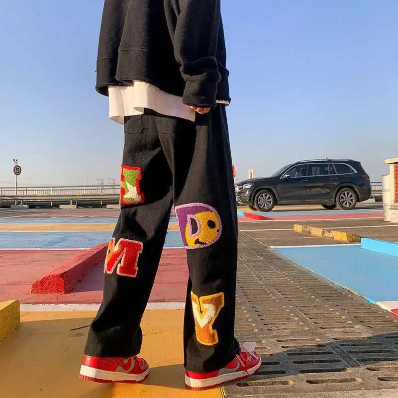 

National tide vibe style pants men's loose straight spring summer overalls embroidered brand hip-hop high street wide-leg pants