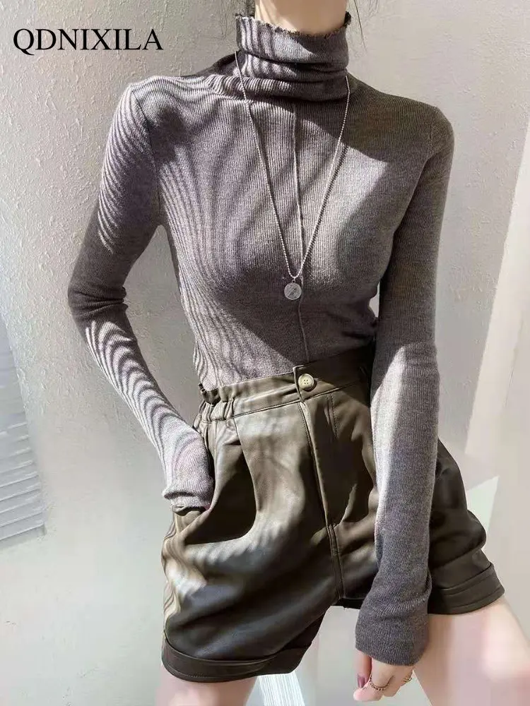 

Women Sweater Pullover Autumn Winter Cashmere Blended High Collar Knit Shirt Long Sleeve Thin Simple Temperament Undercoat
