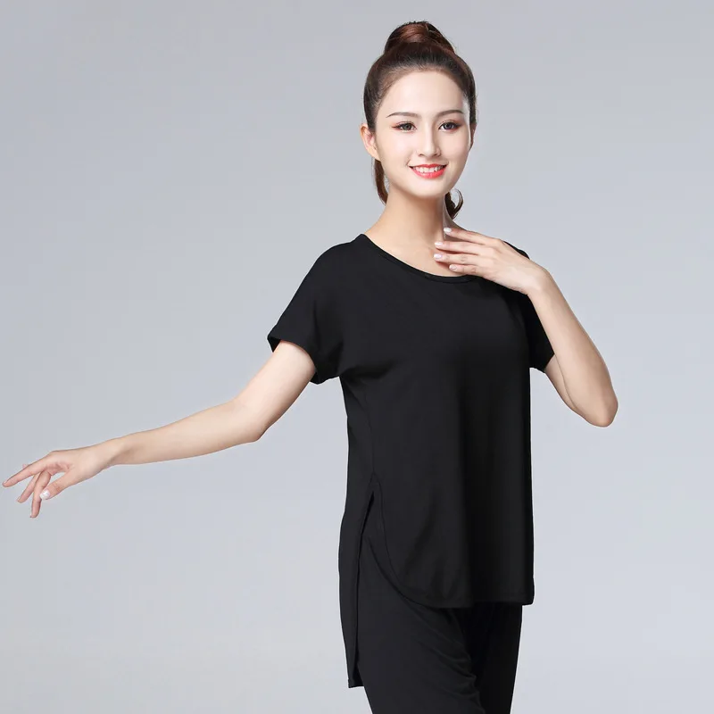 

Новинка Весна-Осень Одежда для танцев тренировочная Свободная рубашка для танцев с разрезом по обеим сторонам Приталенный топ из модала