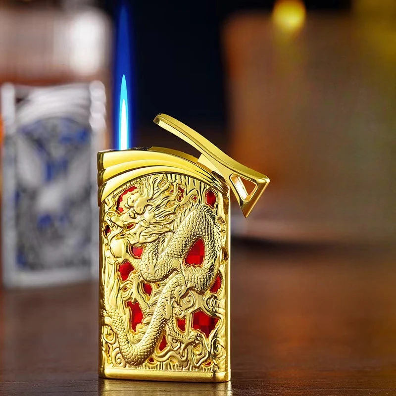 Новинка 2024 ветрозащитная надувная зажигалка с тиснением прямая рисунком дракона