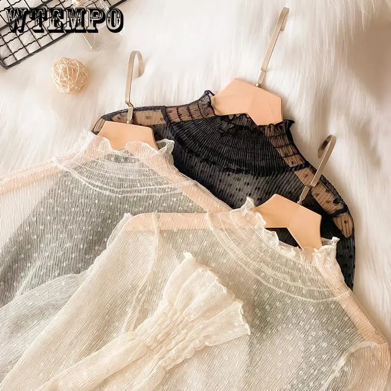 

WTEMPO New Long Trumpet Sleeve Mesh Hollow Out Lace Shirts Spring Summer Gauze Bottoming Shirts Polka Dot All-match Thin Tops