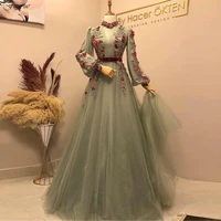 Funyue Elegant Mint Green A-Line Prom Dress Long Sleeves Formal Party Dresses Flowers Beads Lace Tulle Muslim Evening Gowns 2022