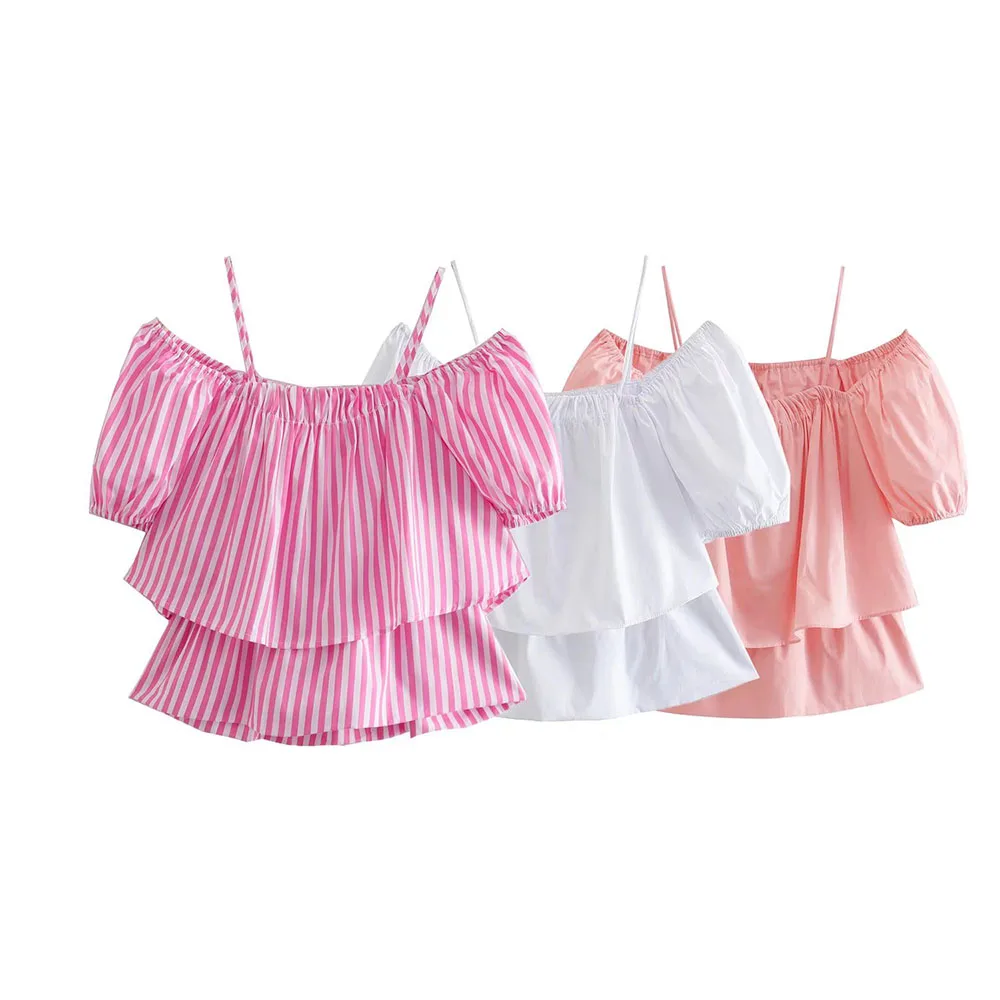 

ZATRHMBM 2022 women's spring and summer new high street fashion three-color word collar short sleeves fashion woman blouses 2022