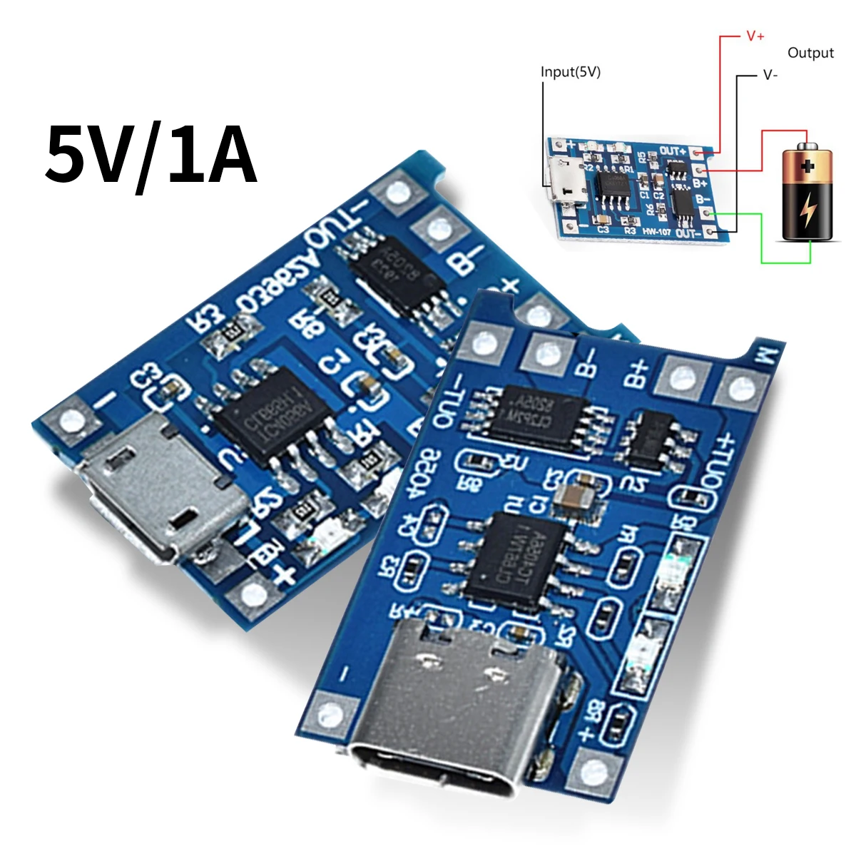 

5V 1A Type-c/Micro 18650 TP4056 Lithium Battery Charger Module Charging Board With Protection Dual Functions 1A Li-ion