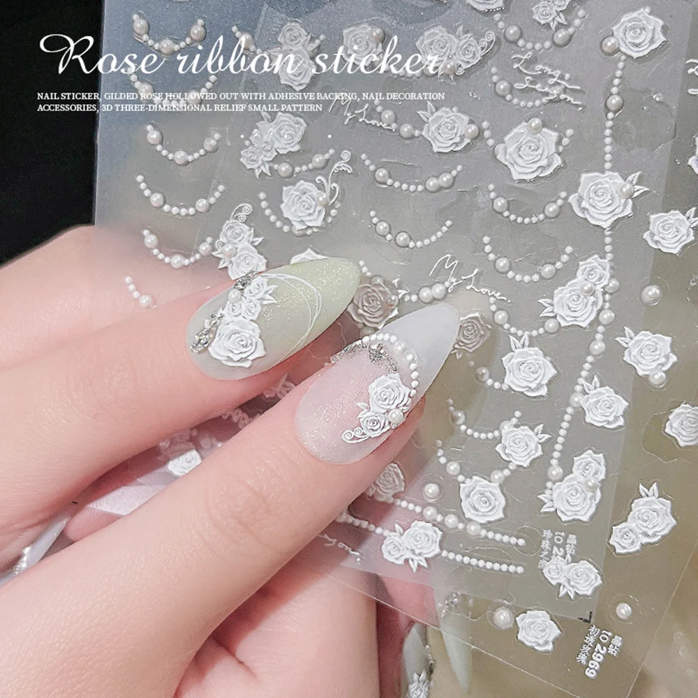 

5D Realistic Relief White Pearl Beaded White Rose Flower Bowknot Adheisve Nail Art Stickers Decals Manicure Gems Ornament