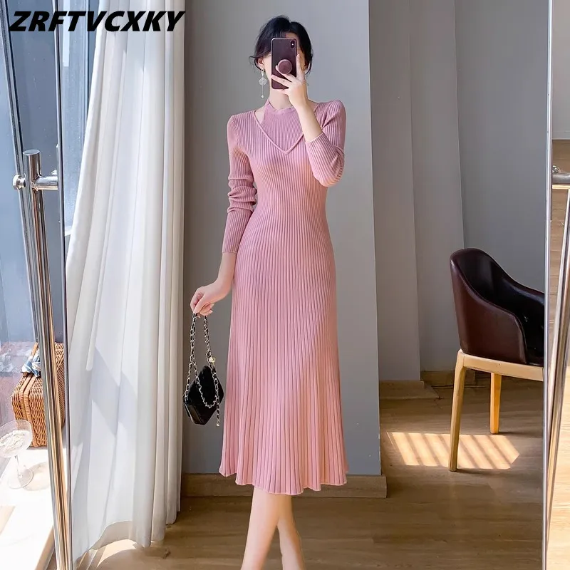 

Designer Hollow Out Knitt Dresses For Women O-Collar Fashion Off Shoulder Long Sleeved Simple Vestidos Female Casual A-Line Dres