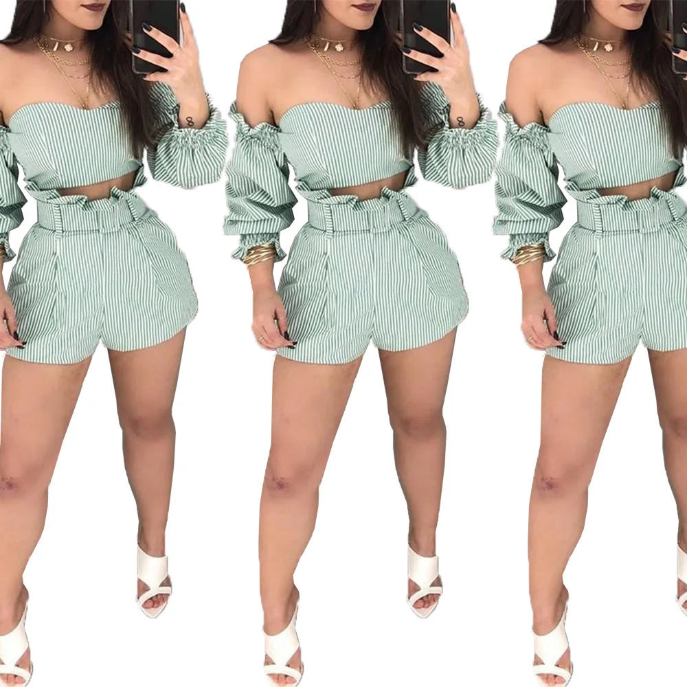 

Two-piece women's one-piece collar off-the-shoulder shirt top and high-waist straight-leg waist shorts long-sleeved striped suit