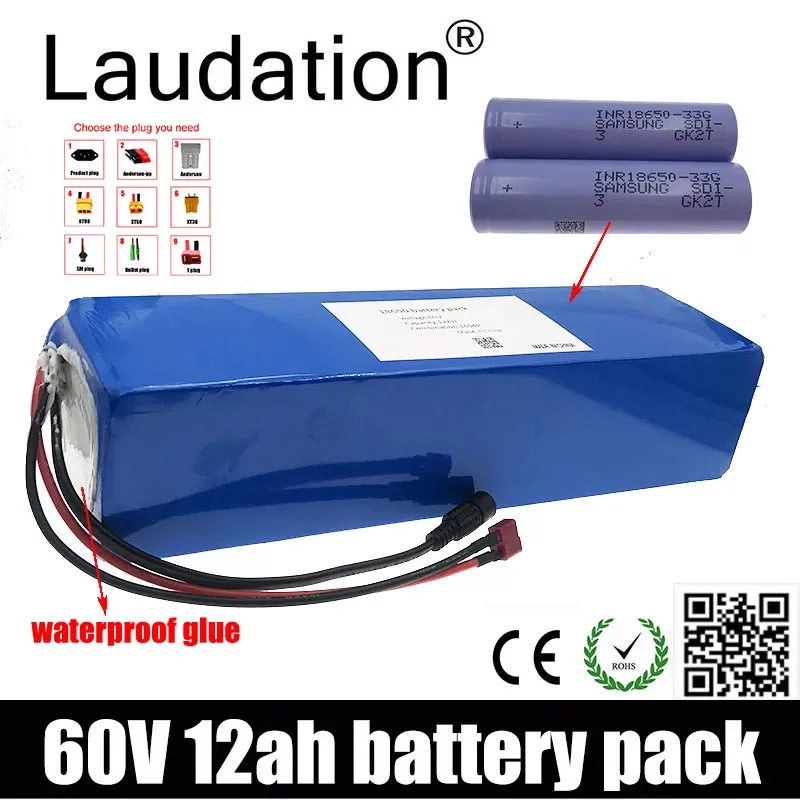 

Laudation 60V 12AH electric bike 60v 12ah battery 18650 rechargeable battery pack 16S 4P built-in 30A BMS For electric bicycles