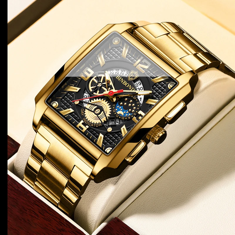 

Часы наручные мужские кварцевые, роскошные золотистые водонепроницаемые повседневные деловые спортивные, из нержавеющей стали