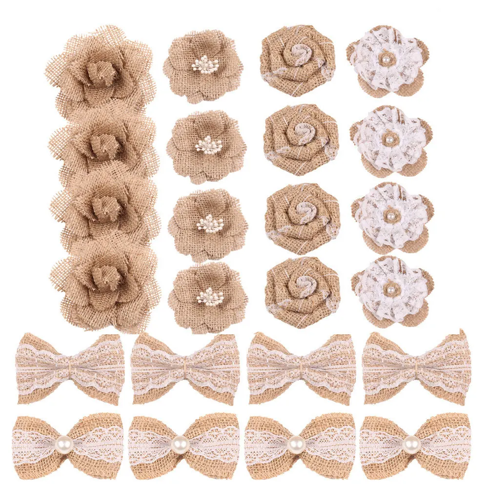 

Vintage Linen Rose Flower Head Rustic Handmade DIY Burlap Hessian Bowknot Wedding Christmas Decoration Home Supplies