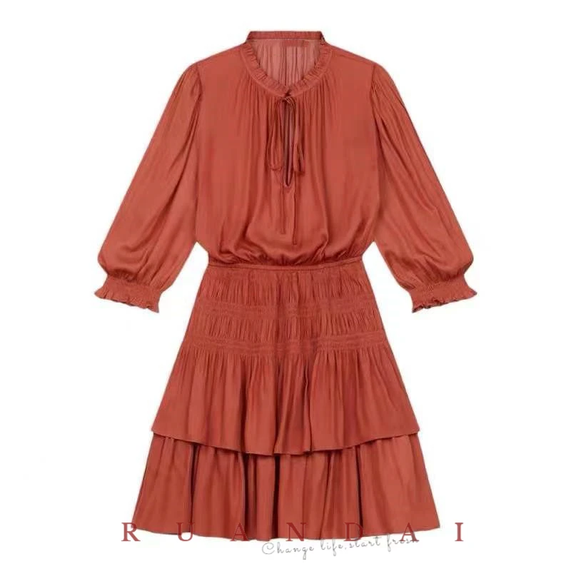 

Tweed Lantern Short-sleeved A-line Skirt for RUANDAI 2022 Summer New Lacing Bow Ruffle Collar Pleated Waist Dress Women