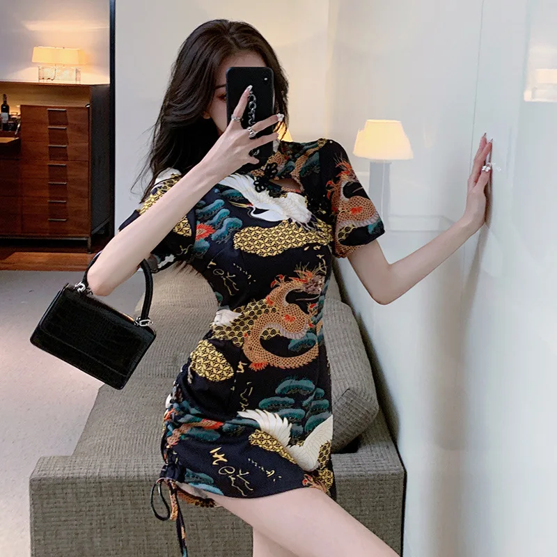 

China Cheongsam Summer Women Clothes Puff Sleeve Short Skirt Drawstring Slim Dragon Pattern Sheath Dress 2022 Fashion StreetWear