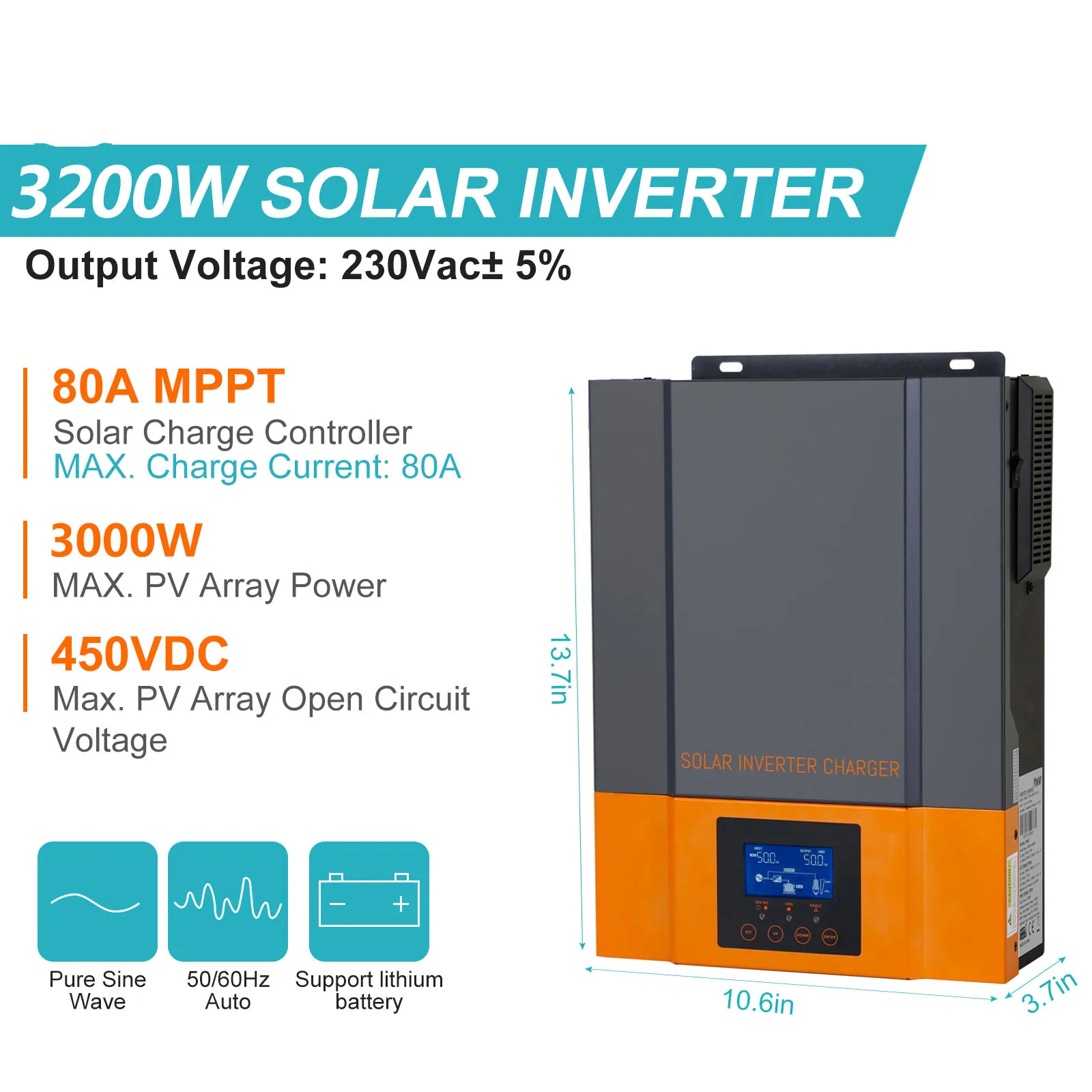 

T50 3200VA 3000W Solar Inverter 24V Built in MPPT 80A Solar Controller 230VAC Out-put Voltage Max PV 450VDC Support WIFI