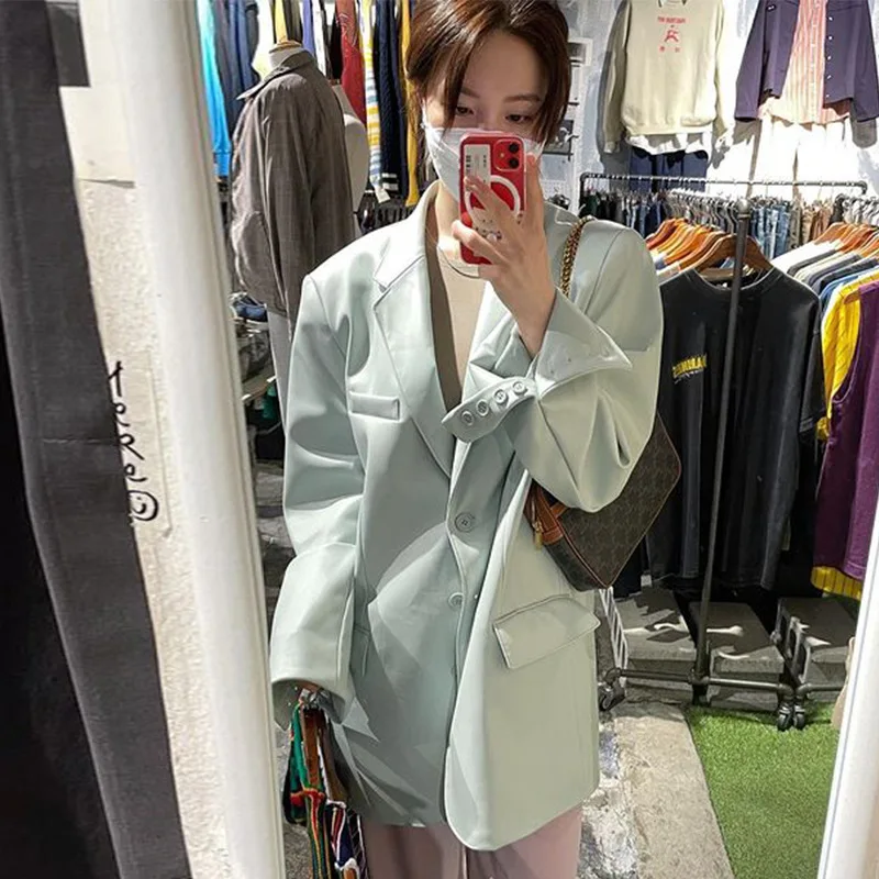 Korean Chic Autumn Winter Retro Fried Street Lapel Casual Loose Long-sleeved Neutral Style Handsome Leather Suit Jacket Women