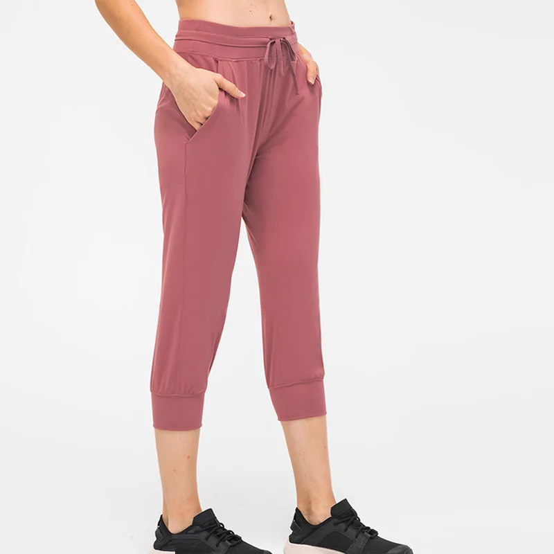 

Women Crop Running Active Lounge Jogger Capris with Side pockets Naked Feeling Leggings Drawstring waist good quality