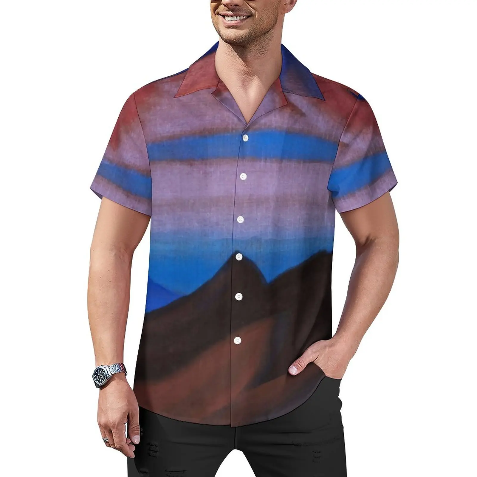 

Mountain Print Beach Shirt Nicholas Roerich Hawaiian Casual Shirts Man Stylish Blouses Short Sleeve Graphic Clothes Plus Size