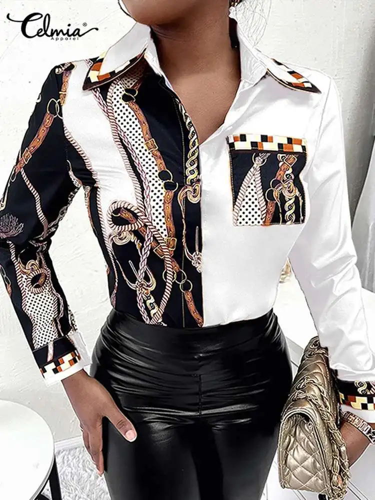 

Streetwear Women Chain Printed Shirt 2022 Celmia Summer Vintage Lapel Pockets Blouses Fashion Buttons Long Sleeves Tops Oversize