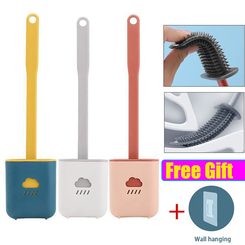 

Toilet Brush Water Leak Proof With base Silicone Wc Flat Head Flexible Soft Bristles Brush with Holder Set (Free gift)