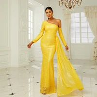 yellow elegant long evening dress women skew collar long sleeves luxury night party gowns with draped ribbon sparkly vestidos