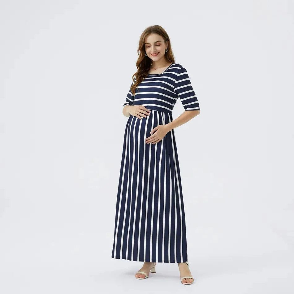 Modal Meternity Casual Dress Empire Waist Pregnancy Striped Maxi Long Outdoor Elegant Nuring Clothes Top enlarge
