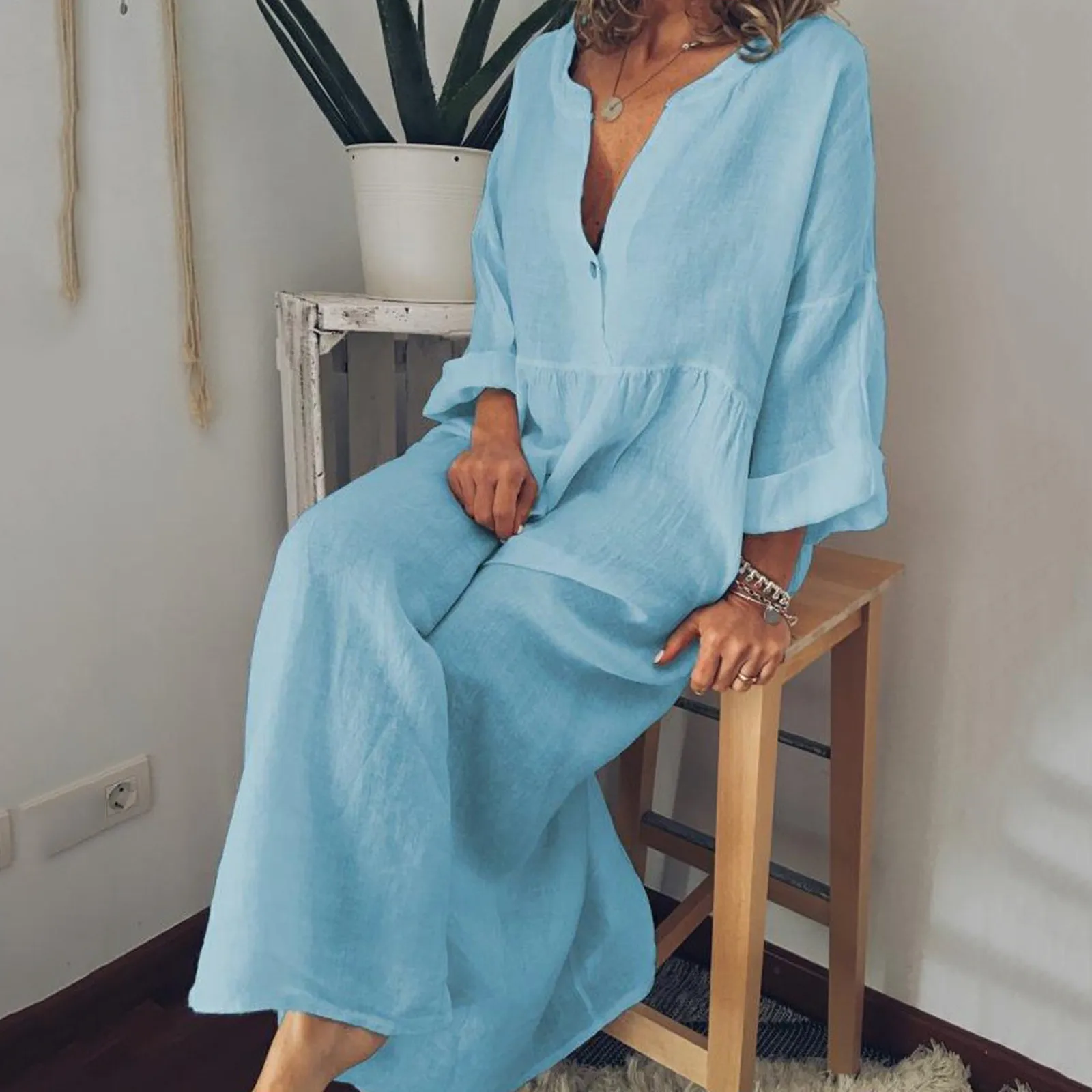 

Womens Summer Long Sleeve Linen Dress Loose A Line Solid Color Sundress Dress Dress with Shorts