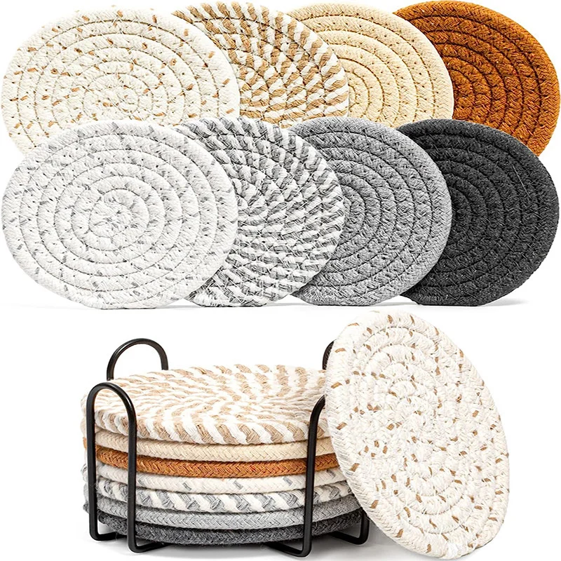 

Round Woven Linen Cotton Rope Coaster Placemats Non-slip Heat-insulated Table Mat Drinks Coffee Cup Pad Kitchen Accessories