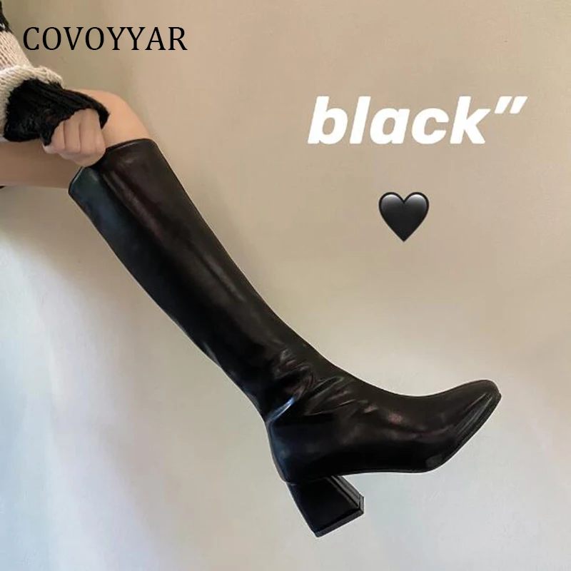 

Женские сапоги до колена из ПУ кожи, на толстом высоком каблуке