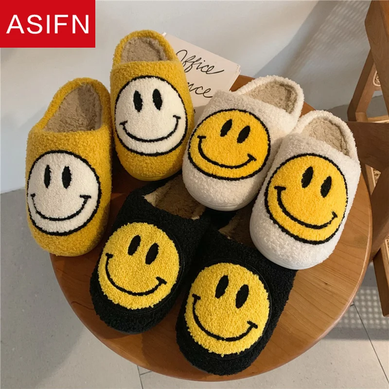 ASIFN Warm Winter House Fur Slippers for Girl Women Cute Smile Pattern Fluffy Soft Plush Bedroom Home Ladies Cotton Female Shoes