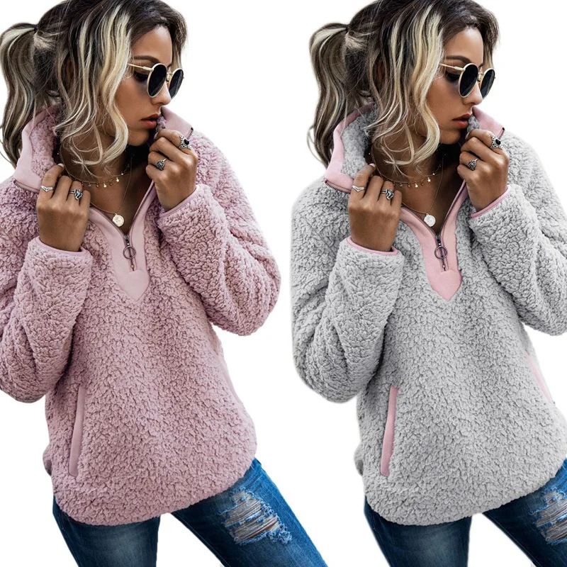 

2 Pcs Women Sherpa Sweater Teddy Fleece Pullover Half Zipper Sherpa Fleece Tops Female Warm Coat Sweaters S, Pink & Gray