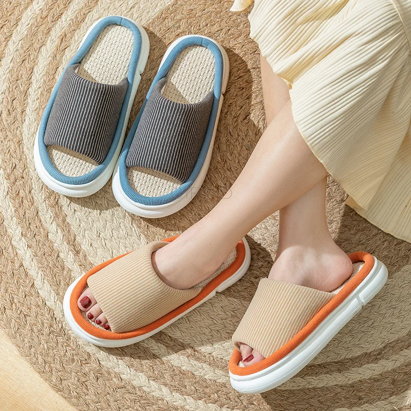 Linen Home Slippers for Women Concise Breathable Soft Slippers Female Fashion Open Toe Slides Shoes cozy Comfort Indoor Slippers
