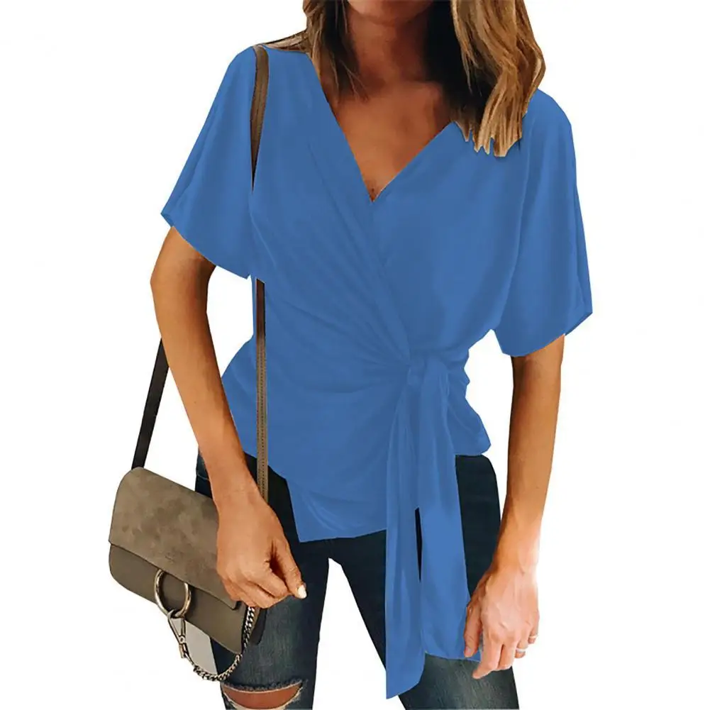 

Women Blouse V Neck Lace-up Summer Slim-fitting Elegant Casual wear Shirt Blouse for Women 2022 Daily Wear Black 3XL