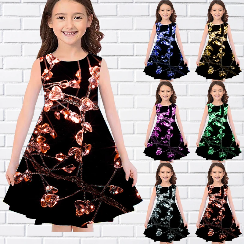 

Pretty Pattern Print Summer Sleeveless Girl Dress Casual O-Neck Long Dress Fashion Girls Dresses For Eid Midi Skirt Kids Clothes