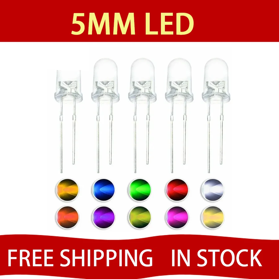 

100pcs 5mm LED Diode Ultra Bright Warm White Red Green Blue UV Purple Yellow Orange Pink 2V 3V 20mA F5 Emitting FREE SHIPPING