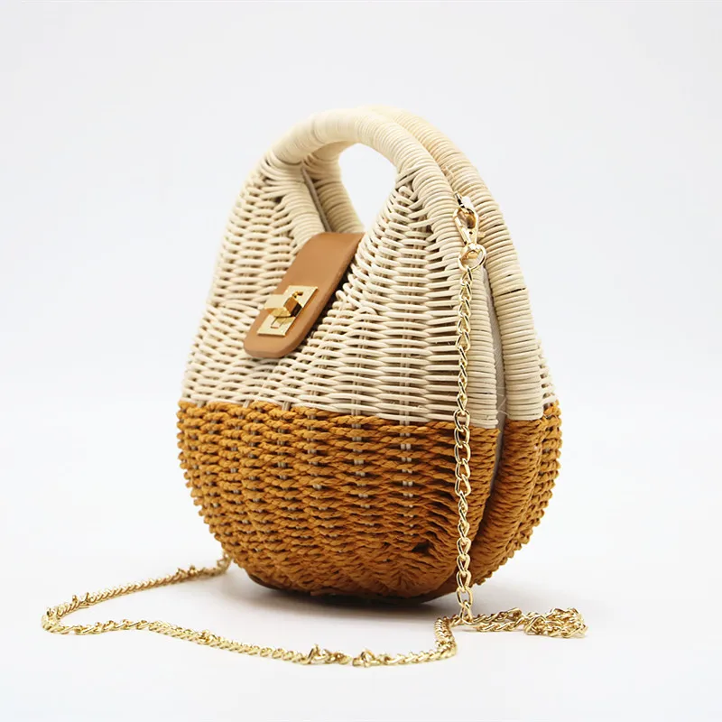 Bohemian Straw Bags for Women Brands Panelled Rattan Bag Women Handbags Summer Shell Beach Bag Chains Crossbody Bags Boho Tote