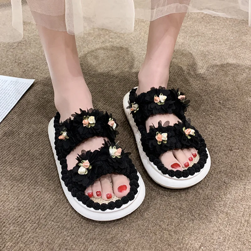 Women Thick-soled Flower Decor Sandals Summer Leisure Open Toe Sweet Lovely Outdoor Beach Slides Platform Soft Comfy Linen Shoes