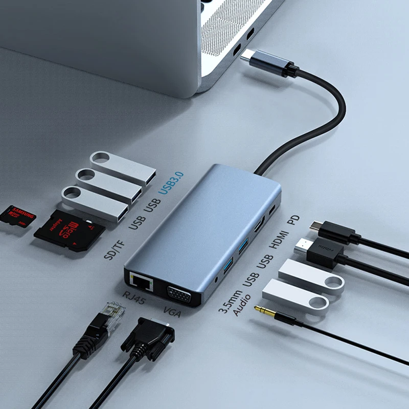 Док-станция с 12 портами USB Type C на HDMI 4K VGA USB 3,0/2,0 адаптер PD100W RJ45 SD кардридер для MacBook