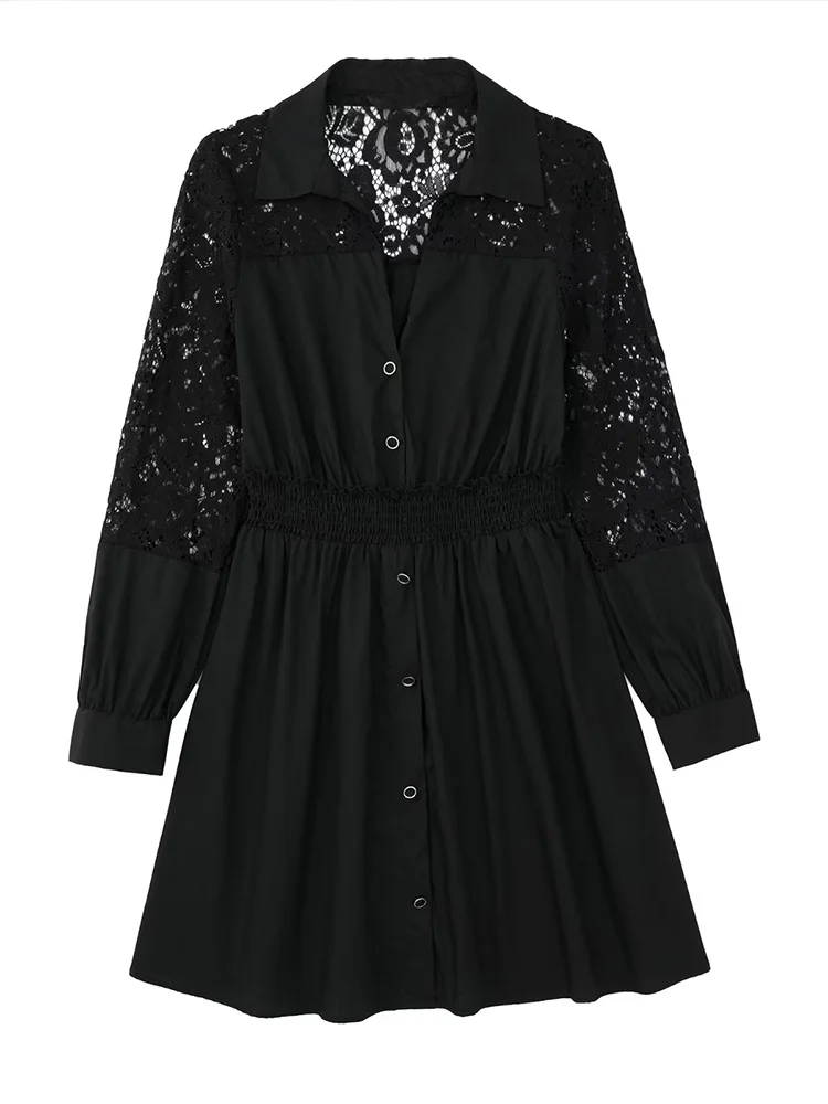 

ZAA Summer 2022 New Women's Fashion Chic Elegant V-neck Single Breasted Hollowed-out Retro Blouse Stitching Long-sleeved Dress