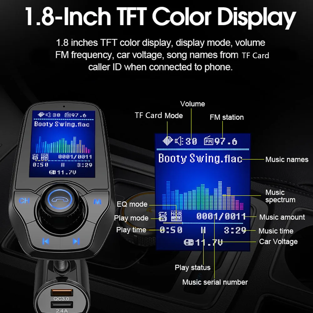 Автомобильный MP3 музыкальный плеер с поддержкой U-диска/TF-карты/AUX-IN Play QC3.0