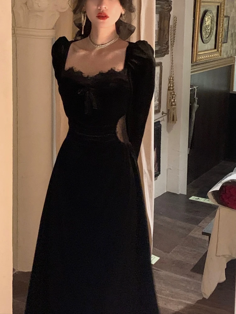 

Осеннее женское ретро платье средней длины в Корейском стиле, элегантное черное французское бархатное платье, винтажное платье, привлекательное кружевное цельное платье 2022
